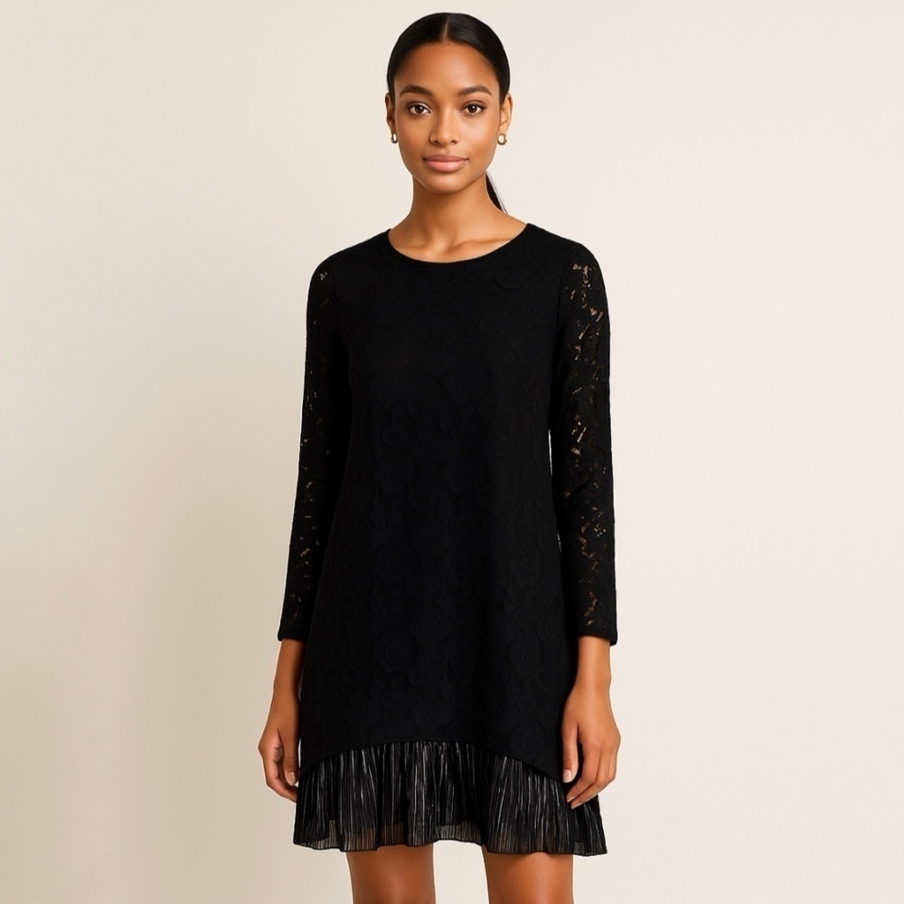 Fuzzi Lace Overlay Shift Dress Long Sleeve Plisse Hem Black Small